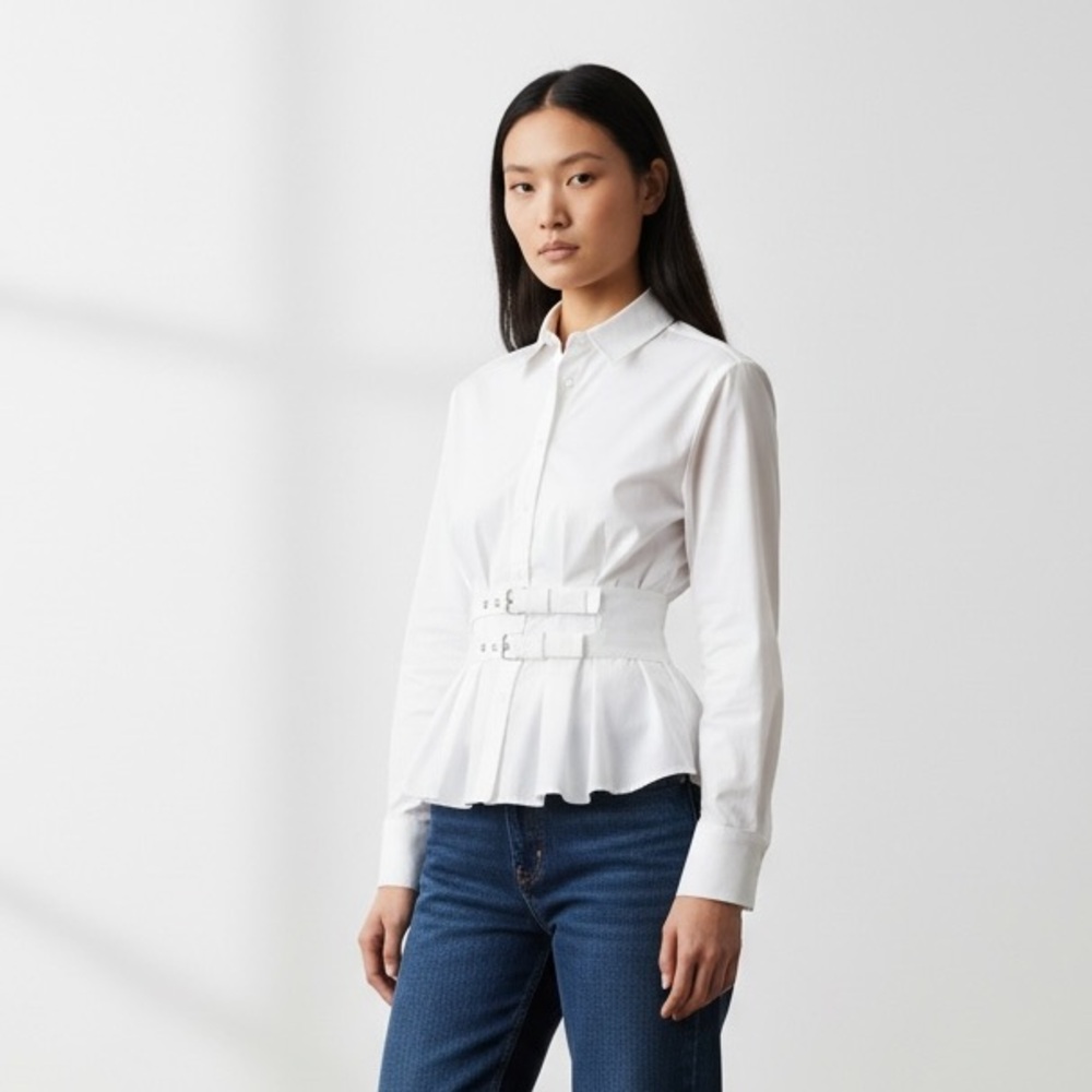 White Peplum Button-Down Shirt with Cinch Waist, size Large, NWT